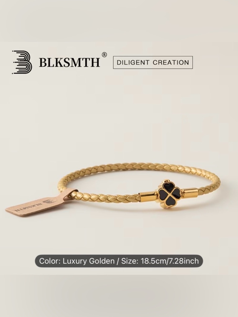 BLKSMTH Luxury Golden Braided Leather Bracelet with Black Clover Charm